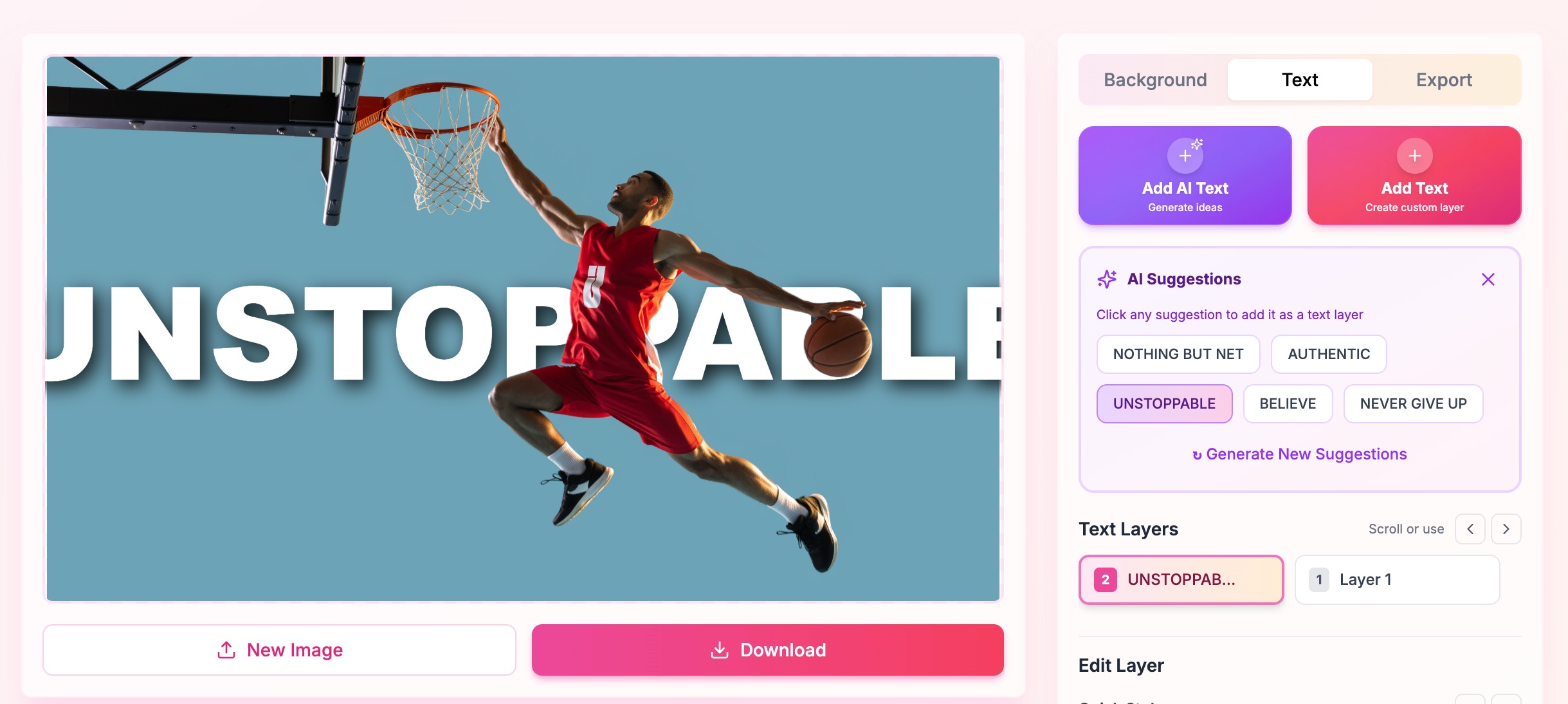 PhotoTextify text editor showing Add AI Text and Add Text buttons with Quick Styles presets